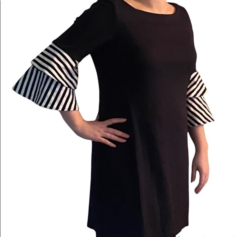 Eliza J Navy Dress with 3/4 Navy/White Stripe Bell Sleeves, Great condition